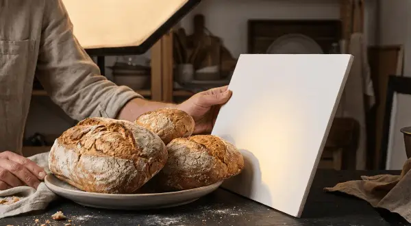 Une photo culinaire met en scène des pains artisanaux sur une assiette, éclairés par une douce lumière. Un réflecteur blanc est tenu pour parfaire la mise en scène.