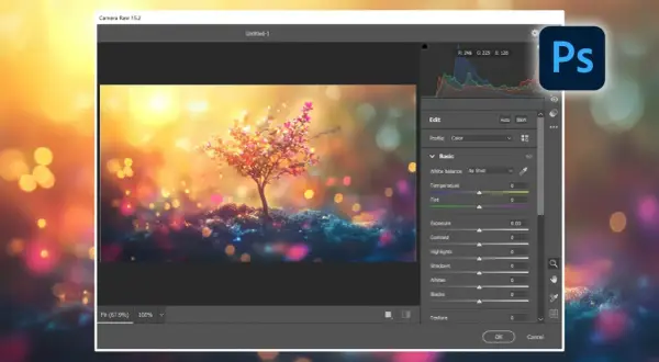 Interface de Camera Raw dans Photoshop, montrant comment ouvrir Camera Raw dans Photoshop pour éditer une image féerique.