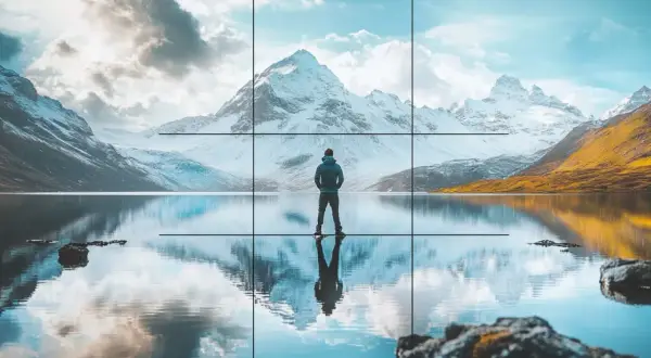 Un homme contemplant un paysage de montagne enneigée et un lac reflétant le ciel. Une composition photographique parfaite.