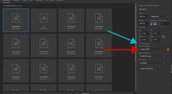 Fenêtre de création de document dans Photoshop. Le mode colorimétrique CMJN est sélectionné pour une impression de haute qualité.