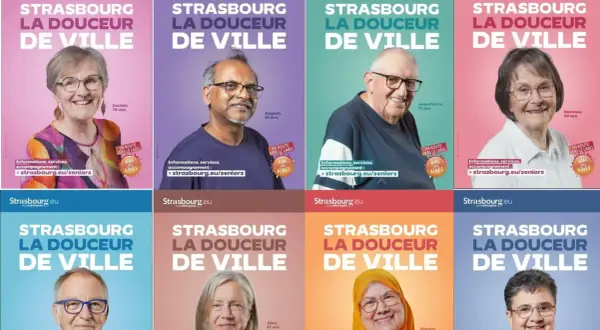Portraits de seniors souriants à Strasbourg, promouvant la douceur de vivre. Une campagne "Ami des aînés" pour un spot photo réussi.
