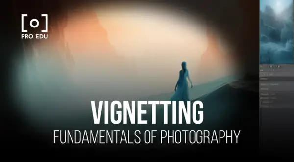 Une femme seule dans un paysage brumeux, avec le texte "Vignetting Fundamentals of Photography". L'effet de vignettage accentue le mystère.