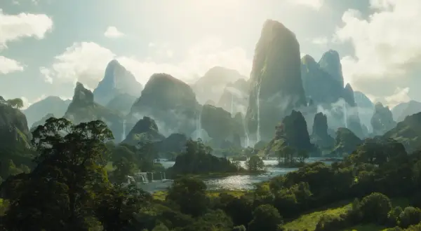 Paysage onirique de montagnes escarpées, cascades et rivières scintillantes, dans le style de Dylan Cole.