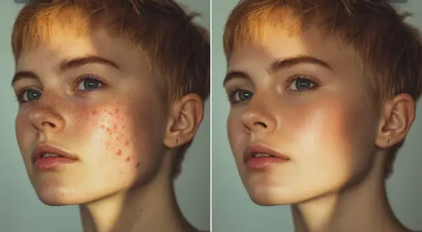 Avant/après : retouche photo professionnel pour un teint parfait. La peau est lissée, les imperfections effacées, la lumière sublimée.