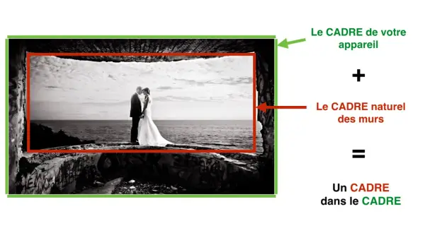 Un couple marié se tient dans un cadre naturel, créant un cadre dans le cadre.