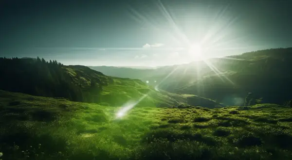 Rayons solaires éclatants traversant une vallée verdoyante. Un effet de flare photo sublime ce paysage de collines et de forêts.
