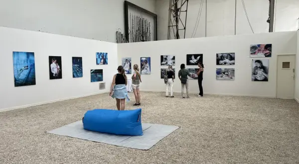 Visiteurs admirant un projet photo dans une galerie d'art. Des œuvres sur la maternité et la naissance sont exposées.