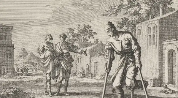 Gravure ancienne : un homme blessé sur béquilles, un autre lui parle. Une scène de cette photo histoire.