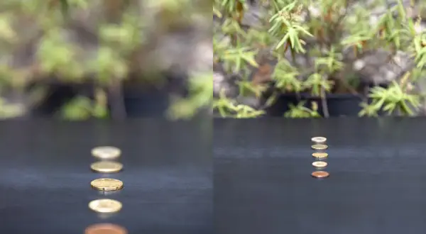 Cinq pièces de monnaie alignées sur une surface sombre, vues en perspective.