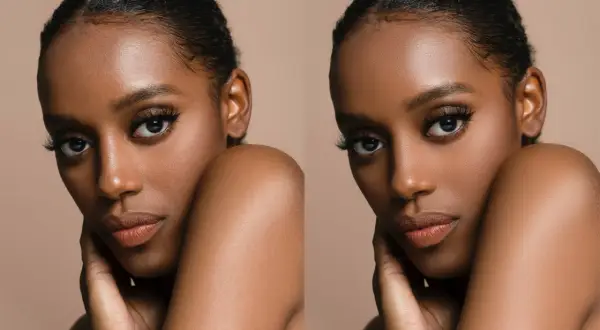 Portrait d'une femme à la peau foncée, avant et après la technique de fréquence séparation Photoshop pour un teint lisse et éclatant.
