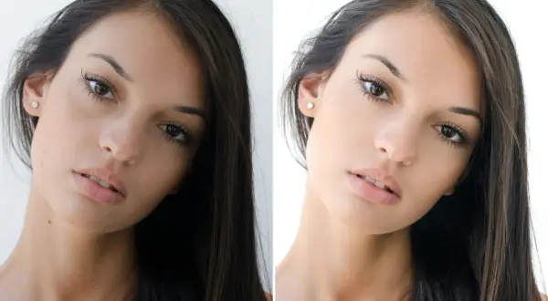 Avant/après : un visage sublimé par un filtre Photoshop gratuit.