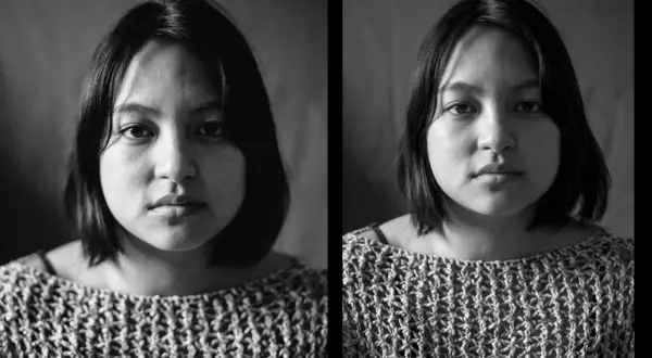 Comparaison photo argentique vs numérique : deux portraits en noir et blanc d'une jeune femme, l'un avec un grain subtil, l'autre plus net.