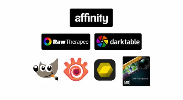 Logos de logiciels de retouche photo : Affinity, RawTherapee, Darktable, GIMP, et OM Workspace. Des outils pour explorer le monde du logiciel photo RAW gratuit.