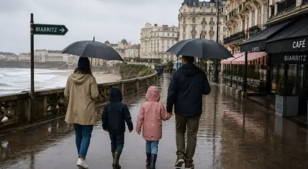 Une famille se promène sous la pluie à Biarritz, profitant de belles photos malgré le temps gris.