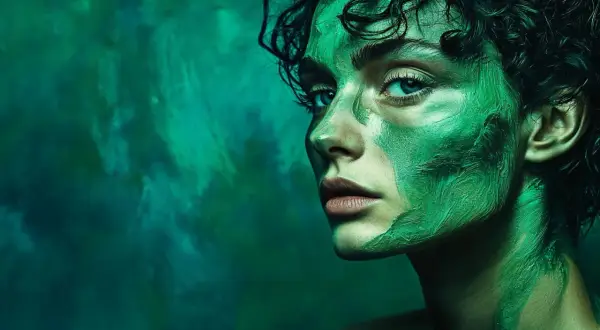 Portrait saisissant d'une femme au visage peint en vert, évoquant l'art d'une photographe femme connue.