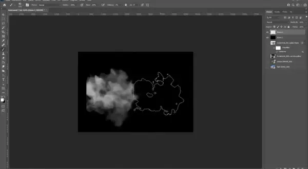 Un aperçu de Photoshop montrant un effet fumée réaliste, avec des calques visibles.