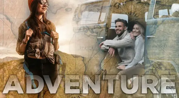 Montage photo Adobe : une jeune femme sac au dos et un couple souriant près d'un van, superposés à une carte du monde ancienne. L'aventure commence !