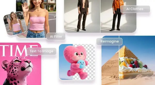Un logiciel retouche photo automatique transforme des images : une jeune femme avec un filtre IA, un homme changeant de tenue, une création à partir de texte, et une pyramide revisitée en dessert.
