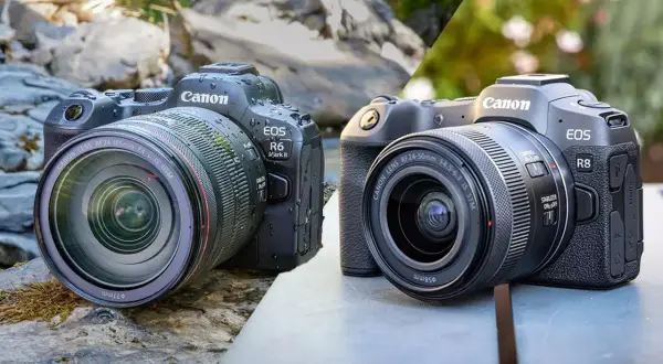 Comparaison des appareils photo Canon R8 et R6 Mark II, deux reflex numériques prêts pour l'aventure en extérieur.