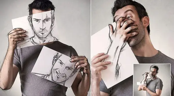 Sébastien Del Grosso joue avec son art, cachant son visage derrière des croquis de lui-même, une main dessinée sortant du papier.
