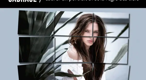 Portrait d'une jeune femme aux yeux verts, cadré selon la règle des tiers. Des feuilles sombres encadrent la composition.