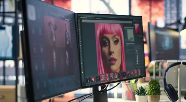 Post-production définition : un écran affiche un portrait de femme avec une perruque rose, en cours d'édition.