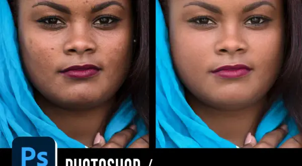 Avant/après : retouche de peau sur Photoshop pour un teint plus lisse.