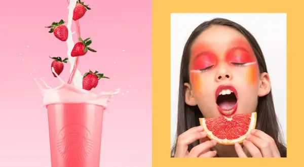 Photographie publicitaire : fraises tombant dans un verre rose, et une jeune fille au maquillage audacieux mangeant un pamplemousse.