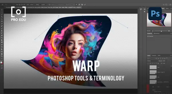 Comment déformer une image sur Photoshop : un portrait stylisé avec des éclaboussures de couleurs vives, entouré d'un contour déformé par l'outil Warp.