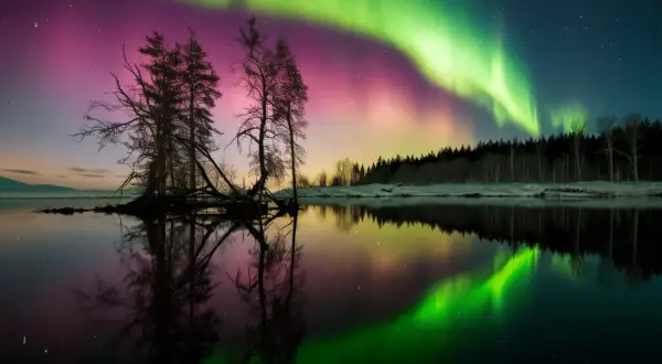 Magnifique aurore boréale rose et verte au-dessus d'un lac reflétant le ciel. Un guide pour savoir comment photographier les aurores boréales.