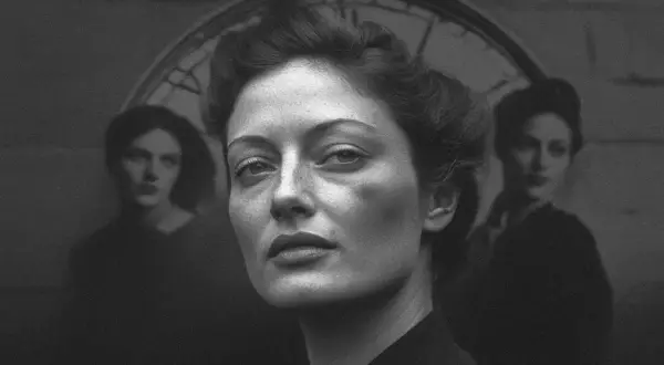 Portrait d'une photographe femme, son regard intense captivant, tandis que deux silhouettes féminines floues se tiennent derrière elle, évoquant un passé ou une inspiration.