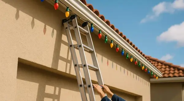 Une échelle est appuyée contre un mur beige, des mains s'agrippent aux barreaux. Des guirlandes lumineuses colorées ornent la gouttière, prêtes pour la fête. Une photo règle pour l'installation.