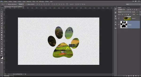 Un paysage est visible à travers les empreintes d'une patte, créant un effet de masque d'écretage Photoshop.