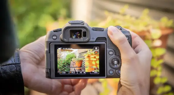 Test du Canon R8 : gros plan sur l'écran LCD affichant un jardin ensoleillé, avec les réglages de l'appareil photo visibles.