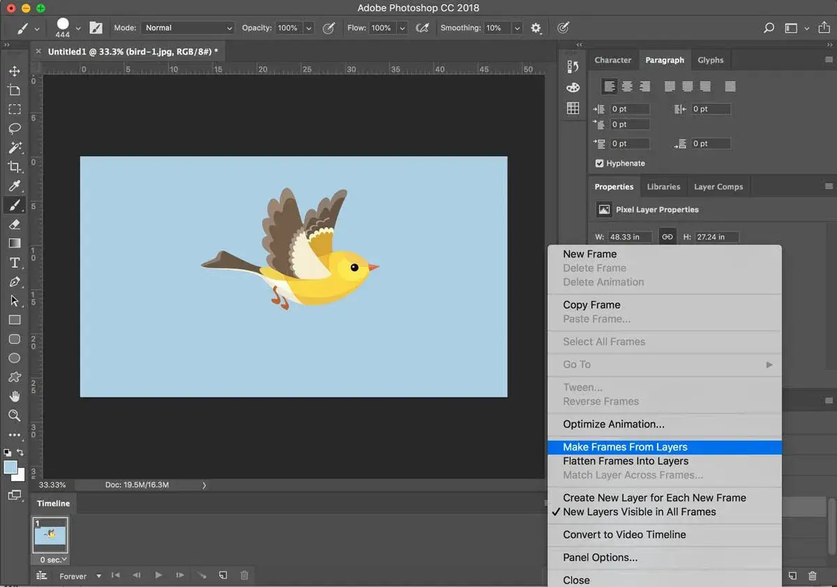 Comment faire un GIF avec Photoshop : l'option "Make Frames From Layers" est sélectionnée pour créer une animation à partir de calques.