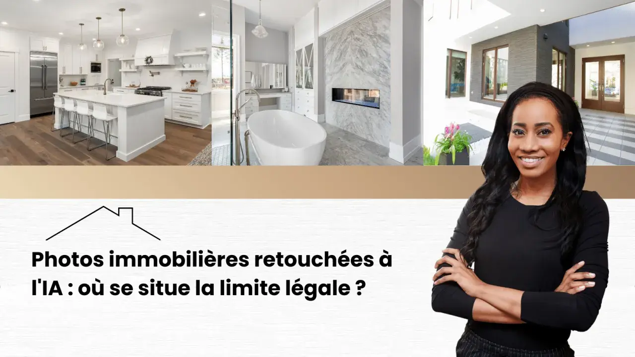 Collage de photos immobilières retouchées par IA : cuisine moderne, salle de bain luxueuse, extérieur. Une femme souriante est au premier plan.