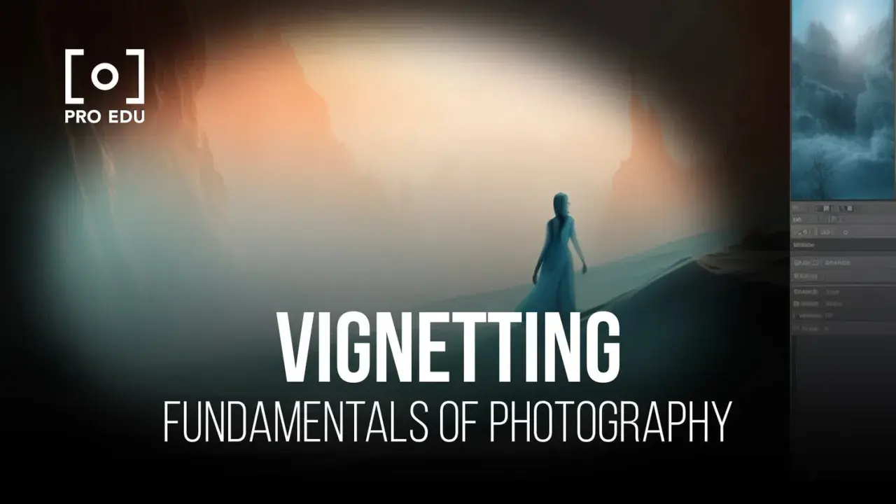 Une femme seule dans un paysage brumeux, avec le texte "Vignetting Fundamentals of Photography". L'effet de vignettage accentue le mystère.