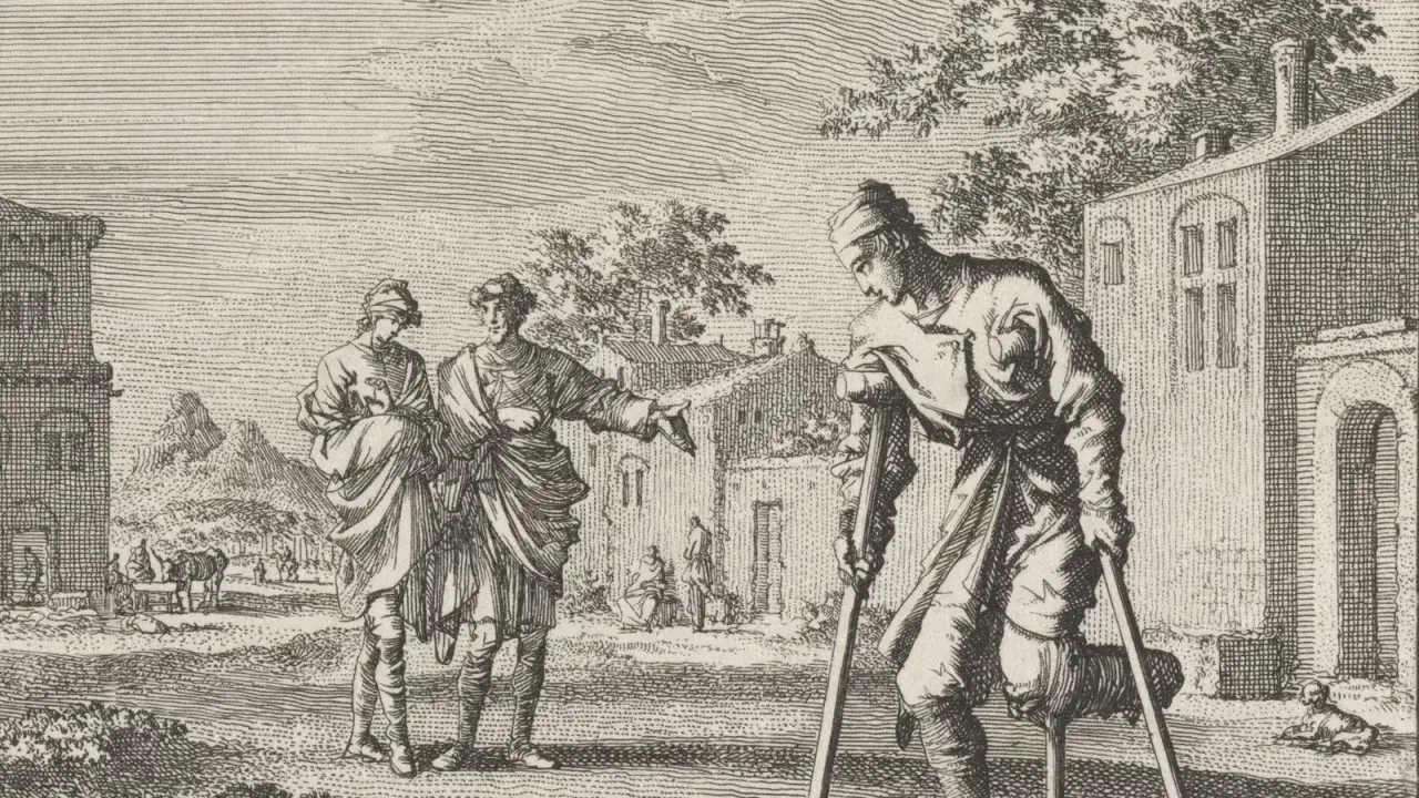 Gravure ancienne : un homme blessé sur béquilles, un autre lui parle. Une scène de cette photo histoire.