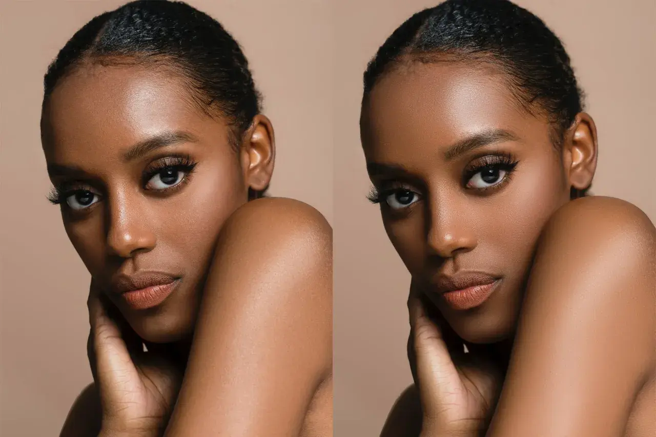 Portrait d'une femme à la peau foncée, avant et après la technique de fréquence séparation Photoshop pour un teint lisse et éclatant.
