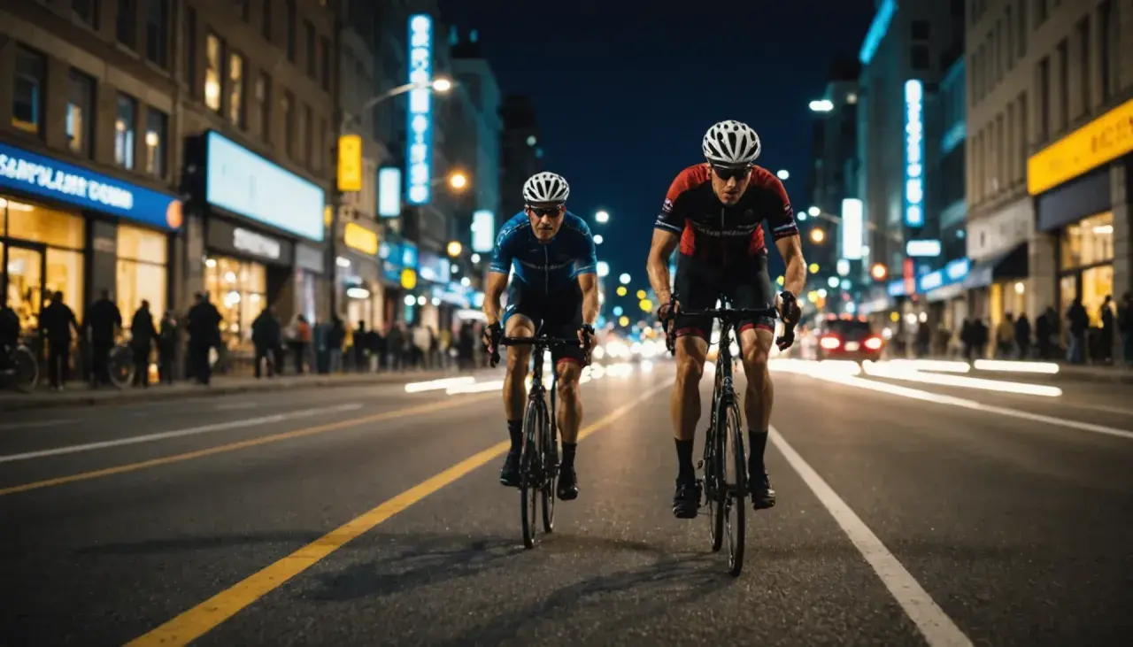 Deux cyclistes en tenue de course filent sur une avenue illuminée la nuit. Cette **photo en mouvement** capture l'énergie de la ville et la vitesse des athlètes.