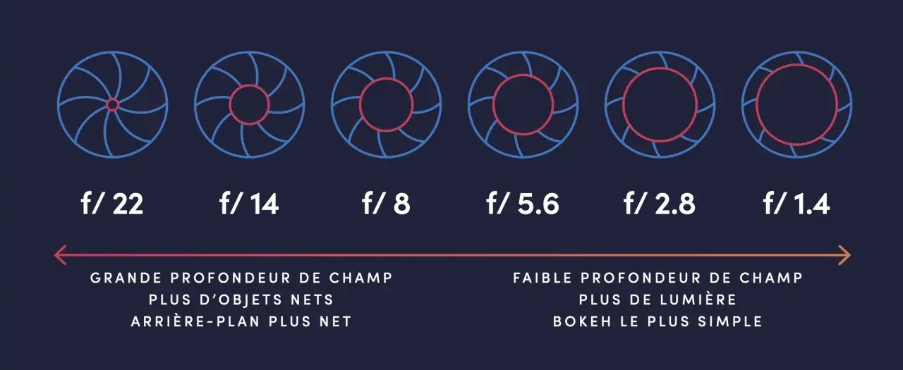 Diagramme montrant l'ouverture du diaphragme de f/22 à f/1.4, illustrant comment les photos nettes varient avec la profondeur de champ.