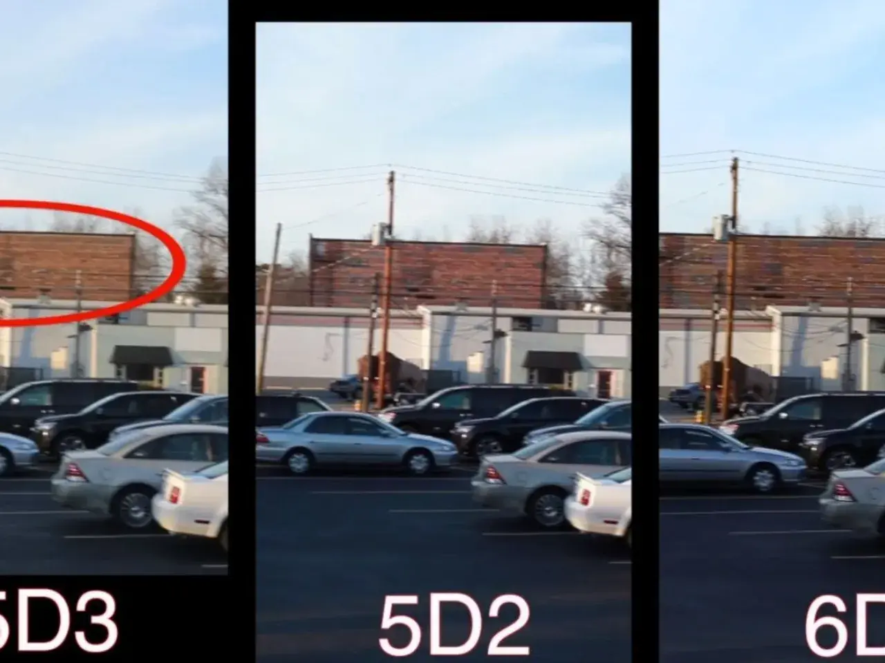 Comparaison des images : canon 6d mark ii vs 5d mark iii. Un parking avec des voitures et des bâtiments en arrière-plan.