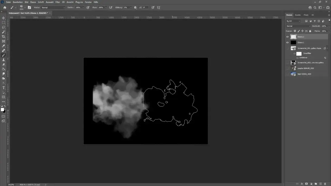 Un aperçu de Photoshop montrant un effet fumée réaliste, avec des calques visibles.