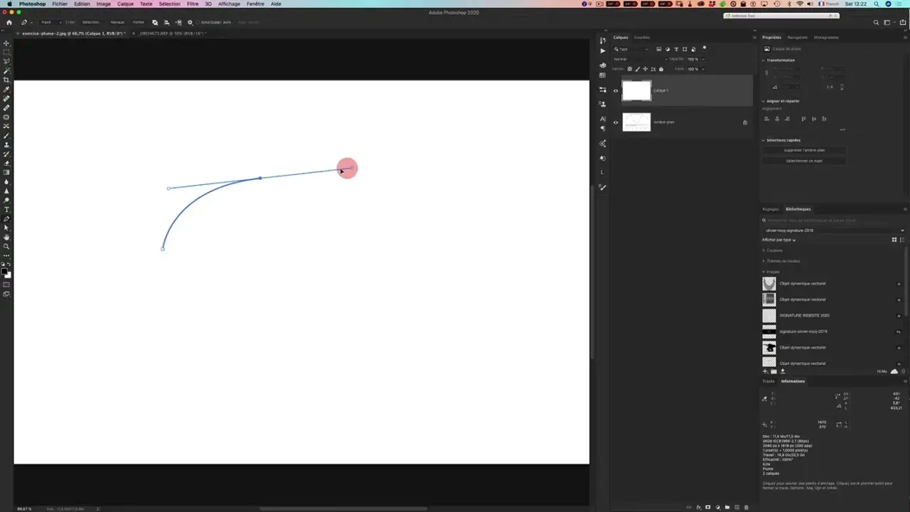Courbe dessinée avec le **photoshop outil plume**. Le tracé vectoriel est en cours de création, avec des points d'ancrage et des poignées visibles.