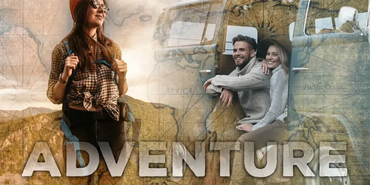 Montage photo Adobe : une jeune femme sac au dos et un couple souriant près d'un van, superposés à une carte du monde ancienne. L'aventure commence !