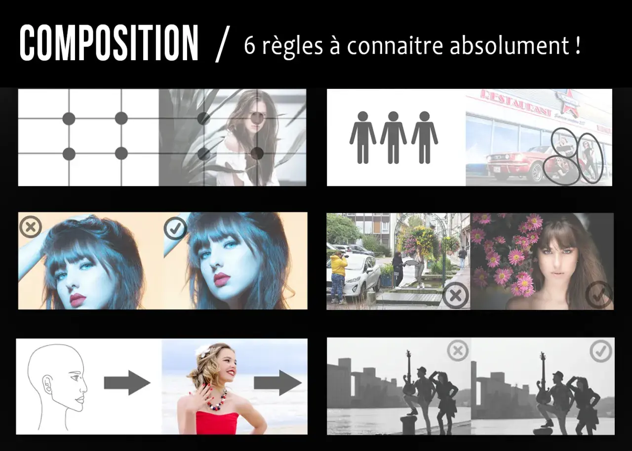 Exemples de cadrage : grille, règles des tiers, silhouettes, portraits, scènes de rue, groupes.