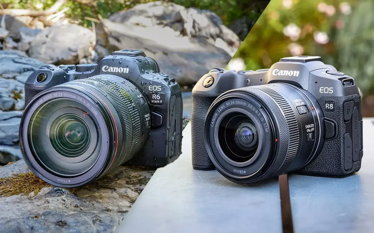 Comparaison des appareils photo Canon R8 et R6 Mark II, deux reflex numériques prêts pour l'aventure en extérieur.