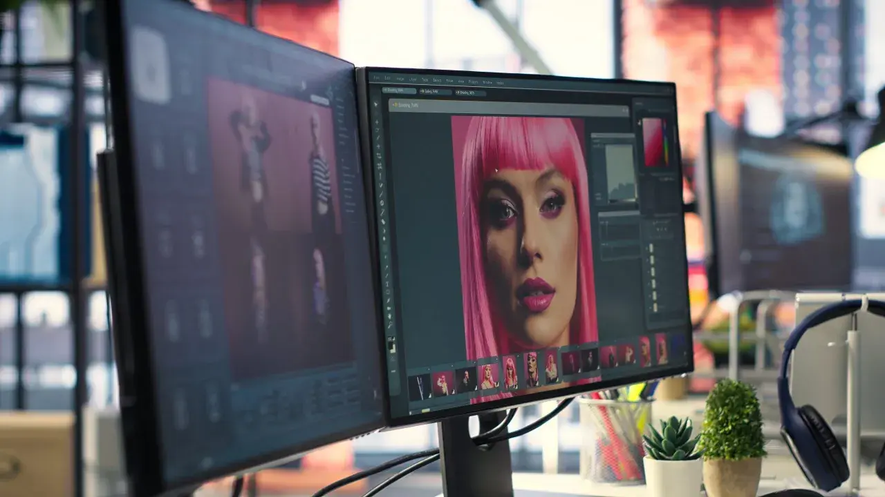 Post-production définition : un écran affiche un portrait de femme avec une perruque rose, en cours d'édition.
