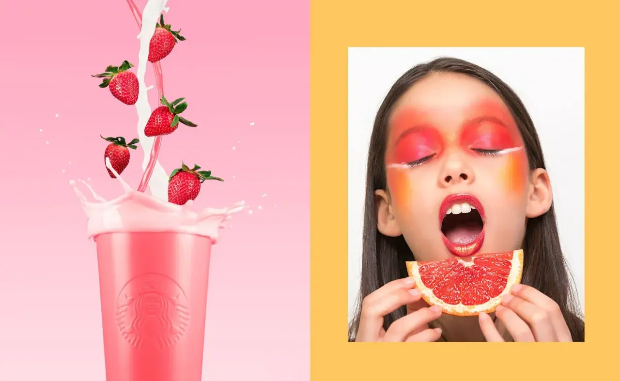 Photographie publicitaire : fraises tombant dans un verre rose, et une jeune fille au maquillage audacieux mangeant un pamplemousse.