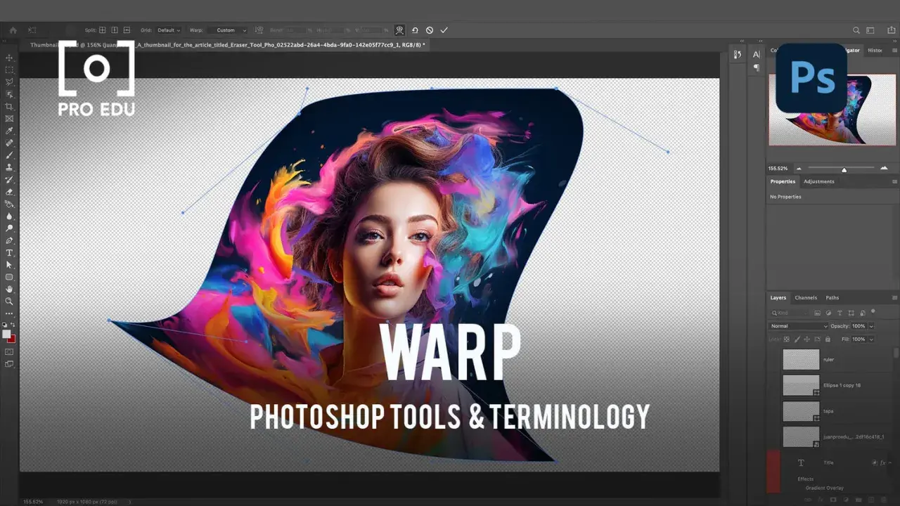 Comment déformer une image sur Photoshop : un portrait stylisé avec des éclaboussures de couleurs vives, entouré d'un contour déformé par l'outil Warp.